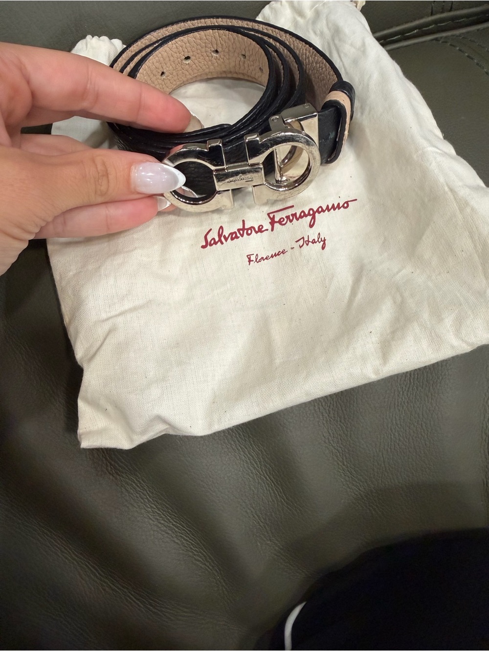 Salvatore Ferragamo Black Leather Belt with Silver Double Gancini Buckle